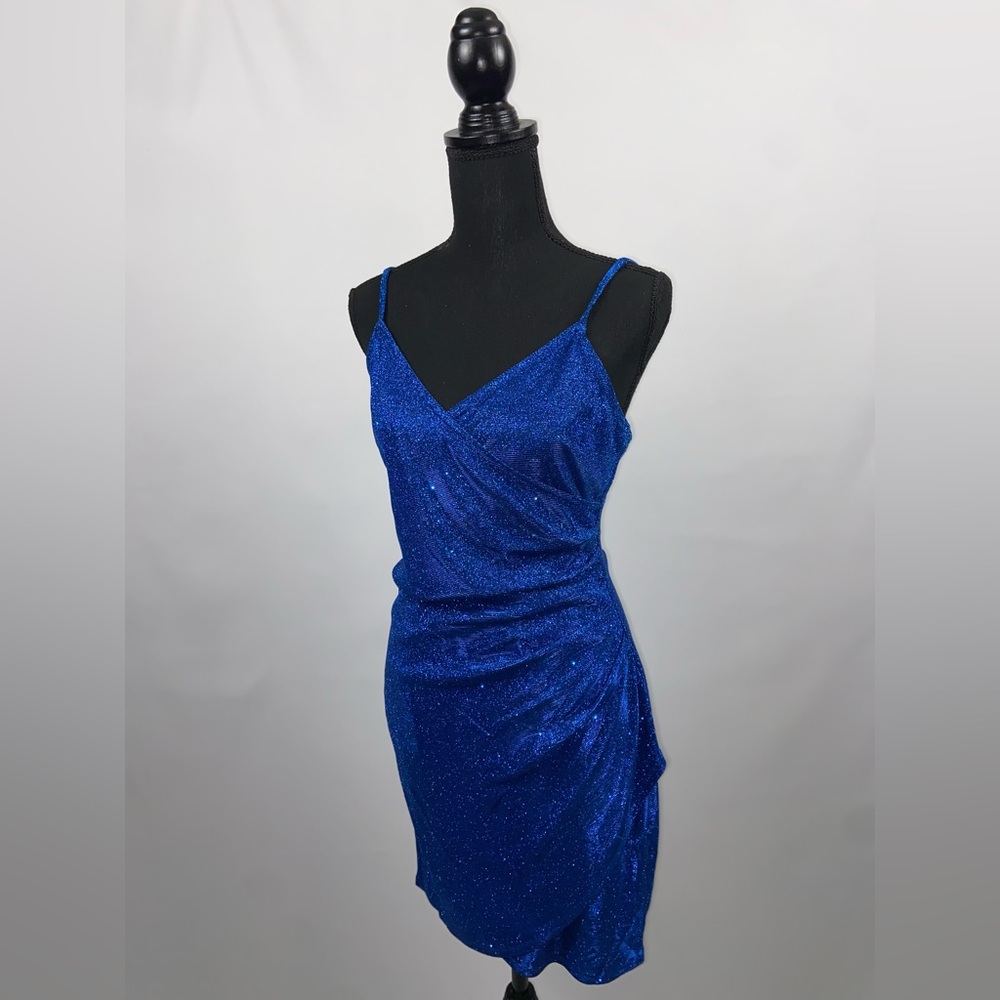 Mini Dress Blue Sparkly Stretch Spaghetti Adjustable Straps Medium NWOT